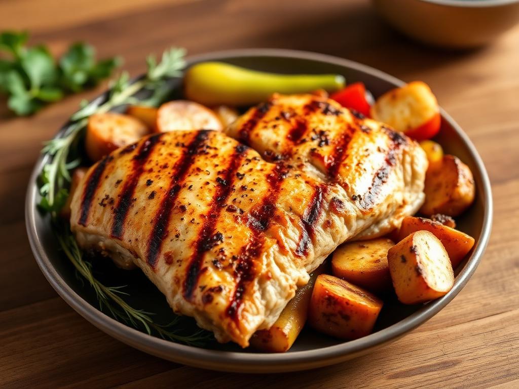 Frango grelhado com legumes assados
